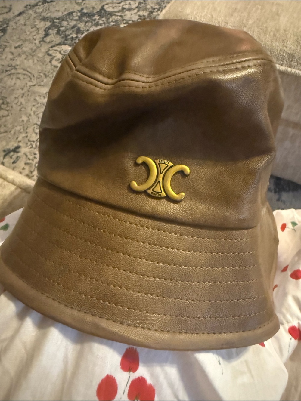 Celine Tan Leather Bucket Hat with Gold Triomphe Emblem